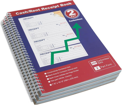 Money and Rent Receipt Book 2-Part Carbonless 7-5/8" x 11" Spiral Bound 200 Sets per Book 4 Receipts per Page(1pack)