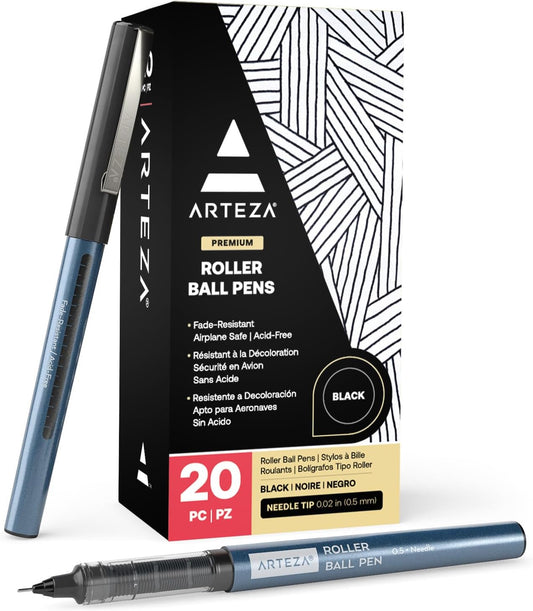 ARTEZA Rollerball Pens Fine Point, 24 Colored Pens Set, 0.5 mm Extra Fine Needle Tip, Liquid Ink Writing Pens for Journaling, Note Taking, Drawing, Color Coding