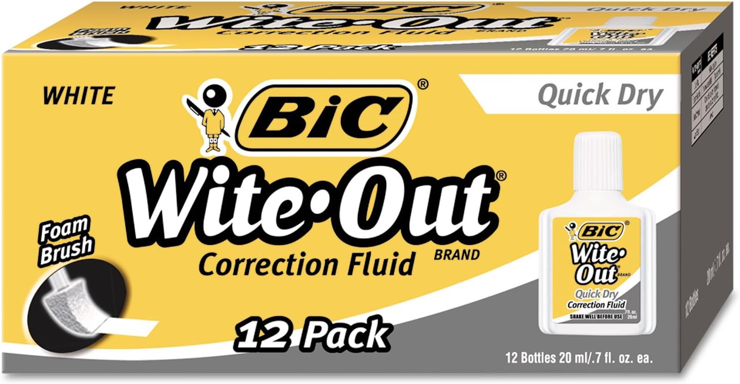 BIC WOFQD12WE Wite-Out Quick Dry Correction Fluid, 20 ml Bottle, White, 1/Dozen