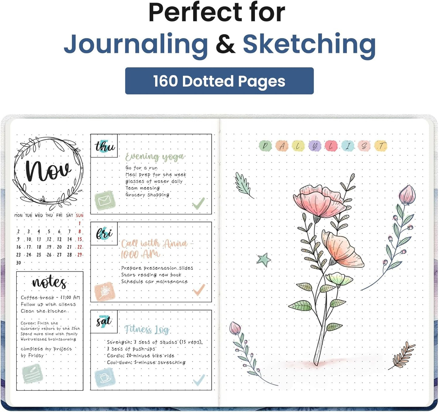 Taja Pretty Lined Journal for Women, Aesthetic Cute Hardcover Leather Journal for Writing, A5 College Ruled Notebook for Work & Note Taking, Perfect for Office School Home, 160 Pages, Meadow Flowers
