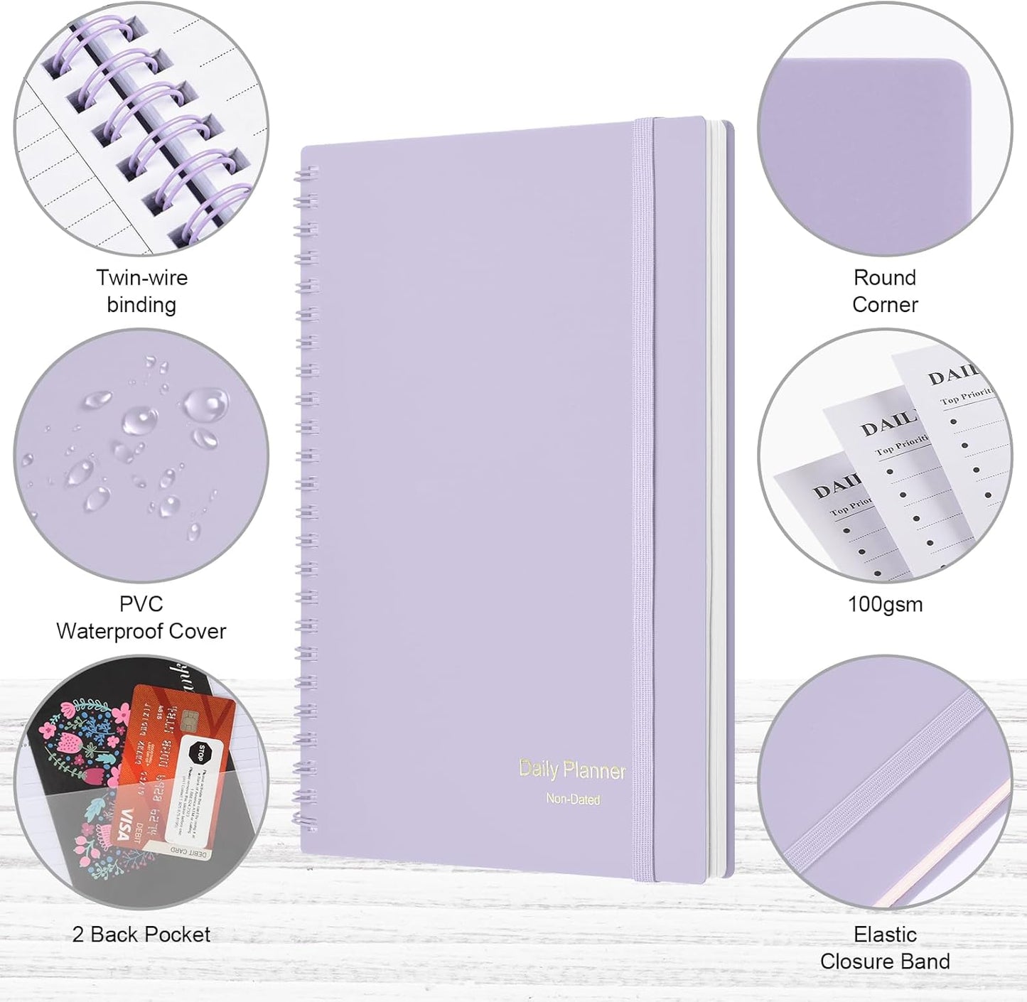Daily Planner Undated, Asten To Do List Notebook Hourly Schedules Spiral Appointment Planner for Men and Women,PVC Hardcover,Elastic Closure, Inner Pocket 8.3" x 5.8" (Black)