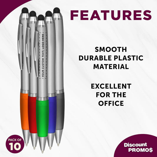 DISCOUNT PROMOS 100 Stylus Ballpoint Pens in Assorted Colors Pack - Customizable Text, Logo - Two in One, Ergonomic, Black Ink - Assorted