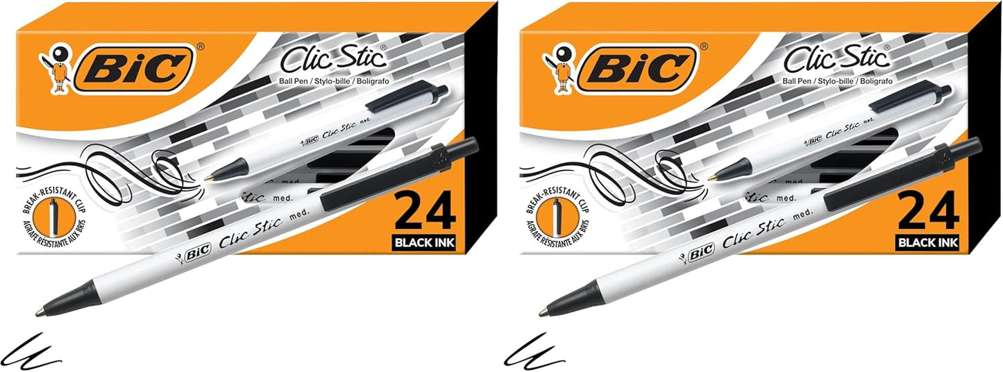 BIC Clic Stic Black Retractable Ballpoint Pens, Medium Point (1.0mm), 24-Count Pack, Round Barrel Design for Comfortable Writing