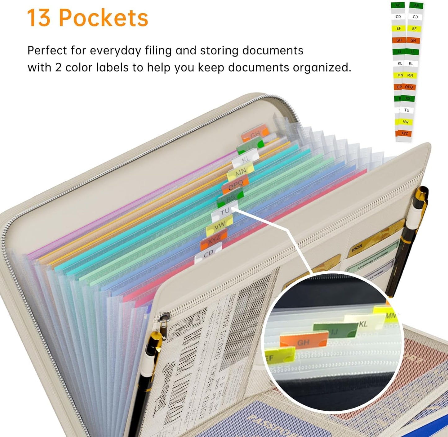Tamfile Fireproof Accordion File Organizer with Handle, 13 Pocket Transparent Expanding File Folder with Zipper & Labels, File Folder with Multi-Pockets Paper Organizer Folder for Letter A4 Files