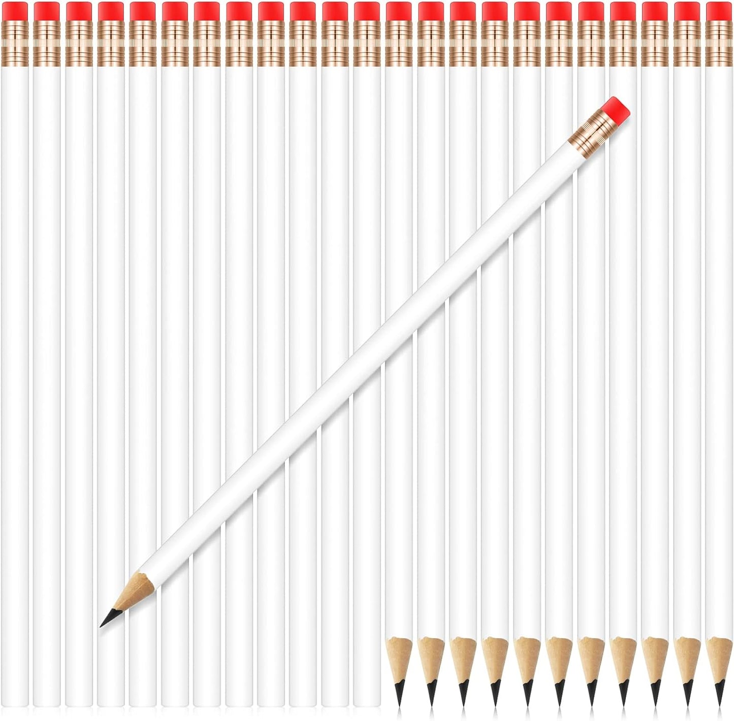 Outus 24 Pieces Round Pencils Cute HB Graphite Wood Pencils Pack with Eraser for School Drawing Sketching Wedding Office Supplies (White)