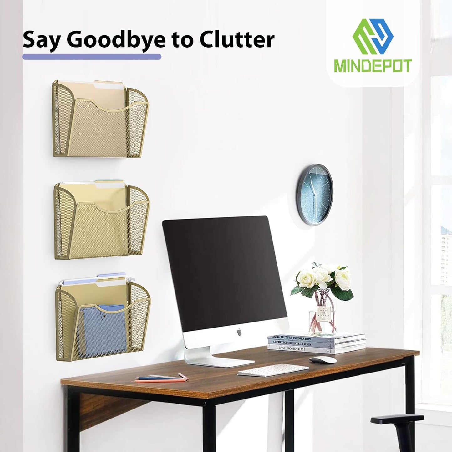 MINDEPOT Wall File Organizer,Hanging Wall Mounted File Folder Binder Holder Mail Organizer for Office,Home and School Supplies