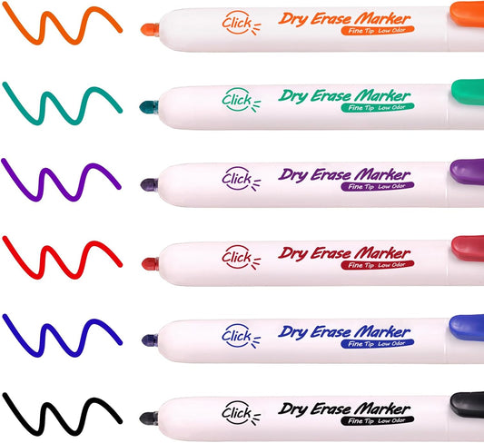 WRITECH Retractable Dry Erase Markers: Fine Tip Assorted Color Low Odor Multi Colored Set Refillable Clickable Multicolor Thin Point Whiteboard Marker Bulk 12ct No Bleed Smear