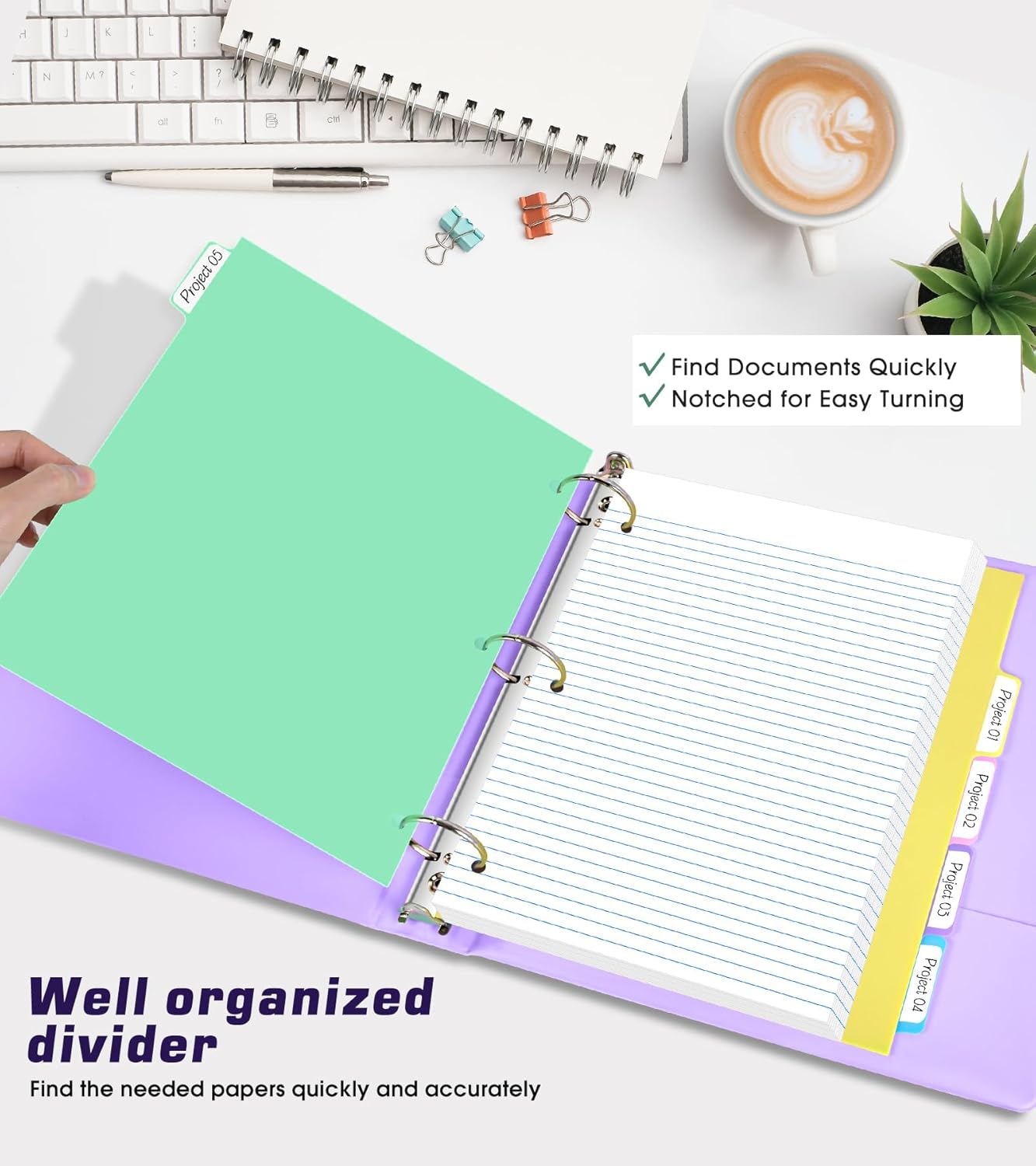 3 Ring Binder 1.5 inch，Cute Binder Organizer with 5 Tab Dividers Fits 175 Sheets of 8.5x11 Paper,Customizable Clear Cover with Inside Pockets,Aesthetic 1.5" Three Ring Binders for School Office,Purple