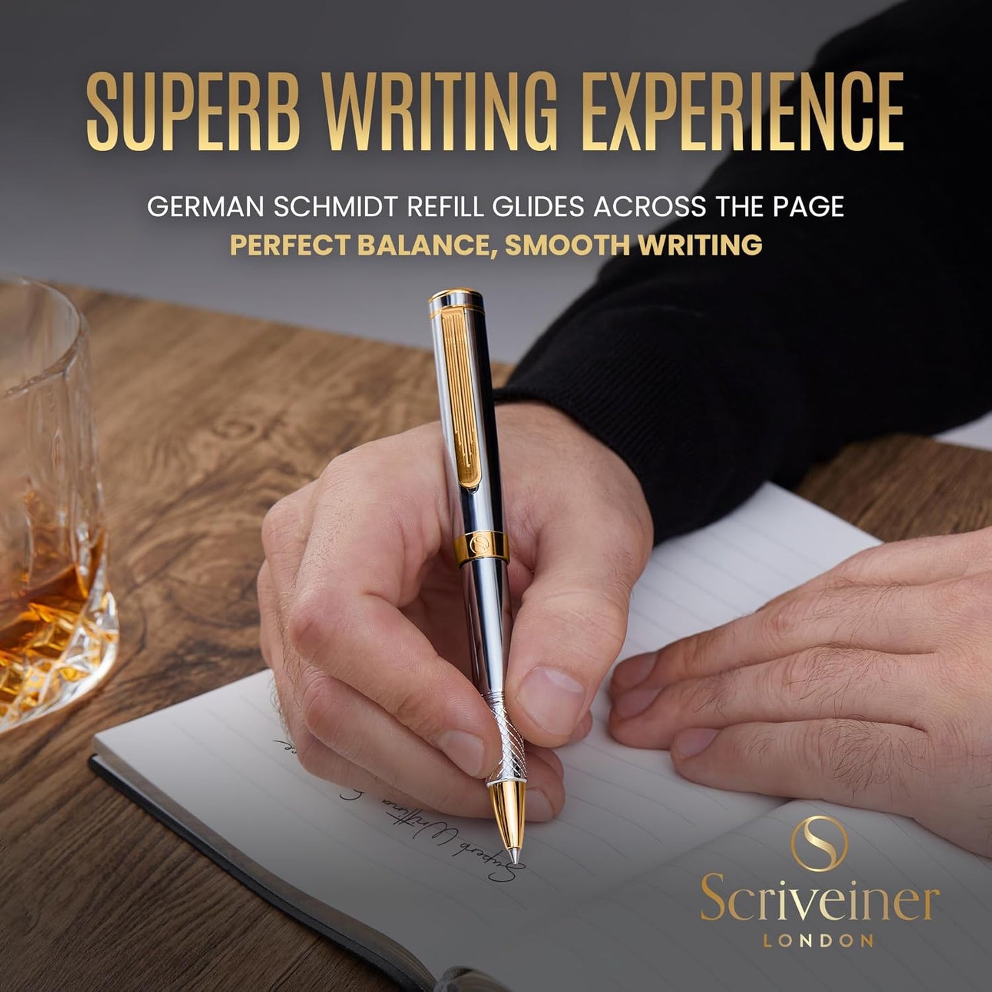 Scriveiner Black Rollerball EDC Luxury Pen, Stunning Pocket Pen with Chrome Finish, Cool Writing, Best Gift for Men & Women, German Schmidt Refill, Nice Present, Fancy Office Designer Set