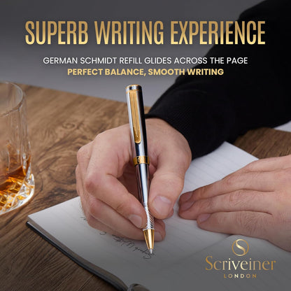 Scriveiner Black Rollerball EDC Luxury Pen, Stunning Pocket Pen with Chrome Finish, Cool Writing, Best Gift for Men & Women, German Schmidt Refill, Nice Present, Fancy Office Designer Set