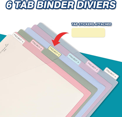 H4D 6-Tab Dividers for 3 Ring Binder, Plastic Dividers with Two Pockets, Letter Size, Pastel Colors, 1 Set