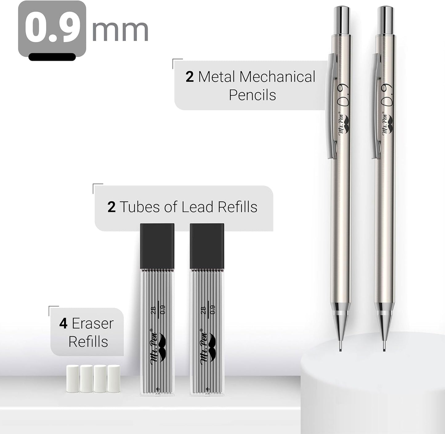 Mr. Pen- Metal Mechanical Pencil Set with Lead Refills & Erasers, 2mm, HB & Colored Lead Refills, 4x Eraser Refills for School Supplies, Note Taking, Drawing, Sketching, Office