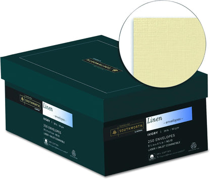 Southworth FSC Certified 55% Recycled 25% Cotton Linen Business Envelopes, #10 (4 1/8in x 9 1/2in), 24 Lb, Ivory, Box Of 250, J564-10