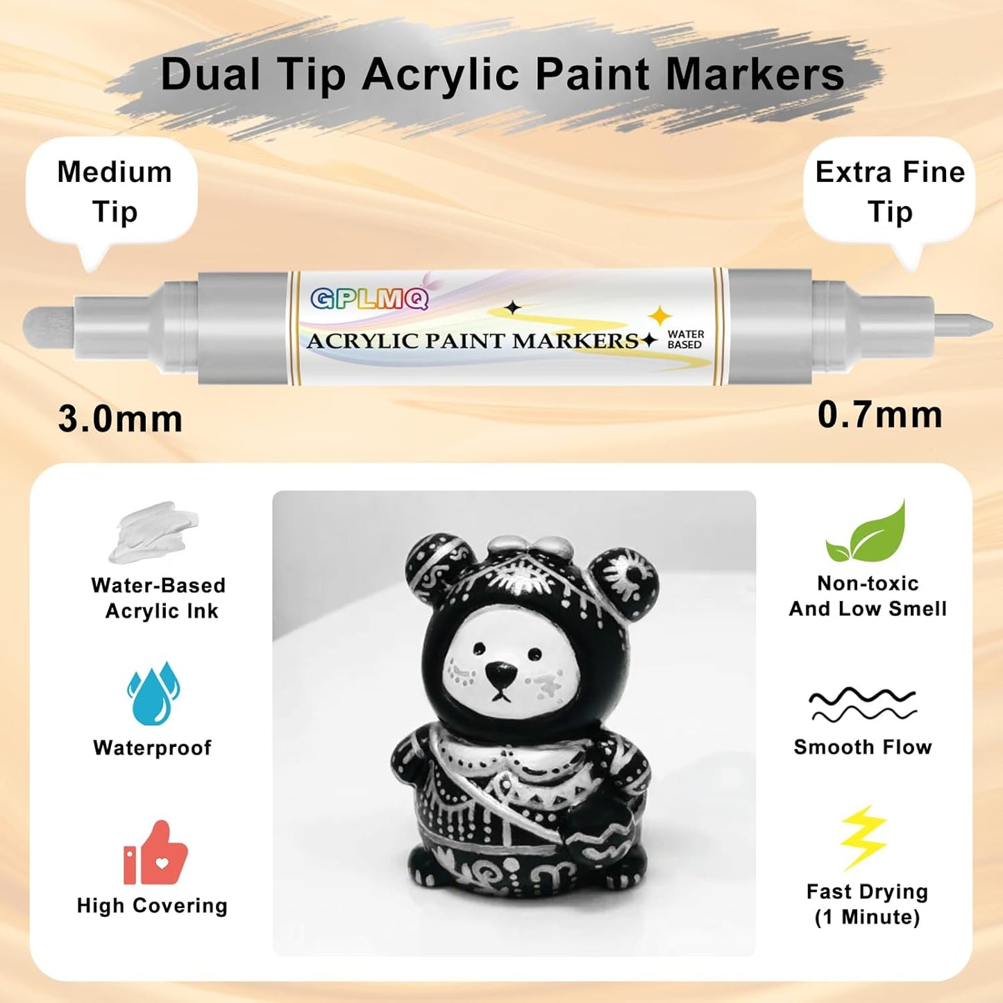 Paint Markers Paint Pens - 2 Pack Dual Tip Acrylic Permanent Marker (0.7mm & 3mm), Non-Toxic, Water-Based for Art Painting, Stone, Ceramic, Glass, Wood, Fabric, Metal, DIY Crafts (White)