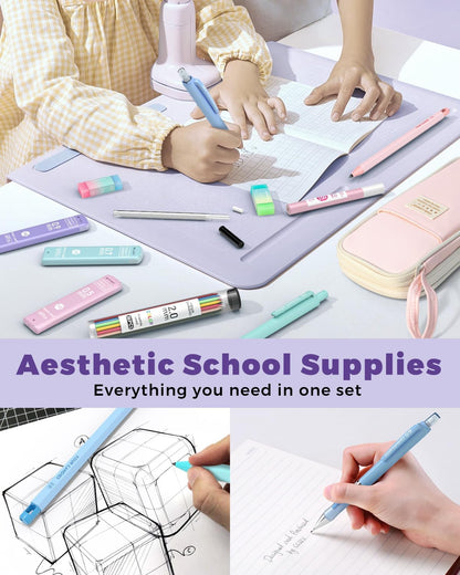 Four Candies 42PCS Aesthetic School Supplies, Mechanical Pencil Set 0.5mm, 0.7mm, 0.9mm, 2.0mm with 696 Lead Refills, Pastel Mechanical Pencils for Writing, Drawing & Drafting (Cream)