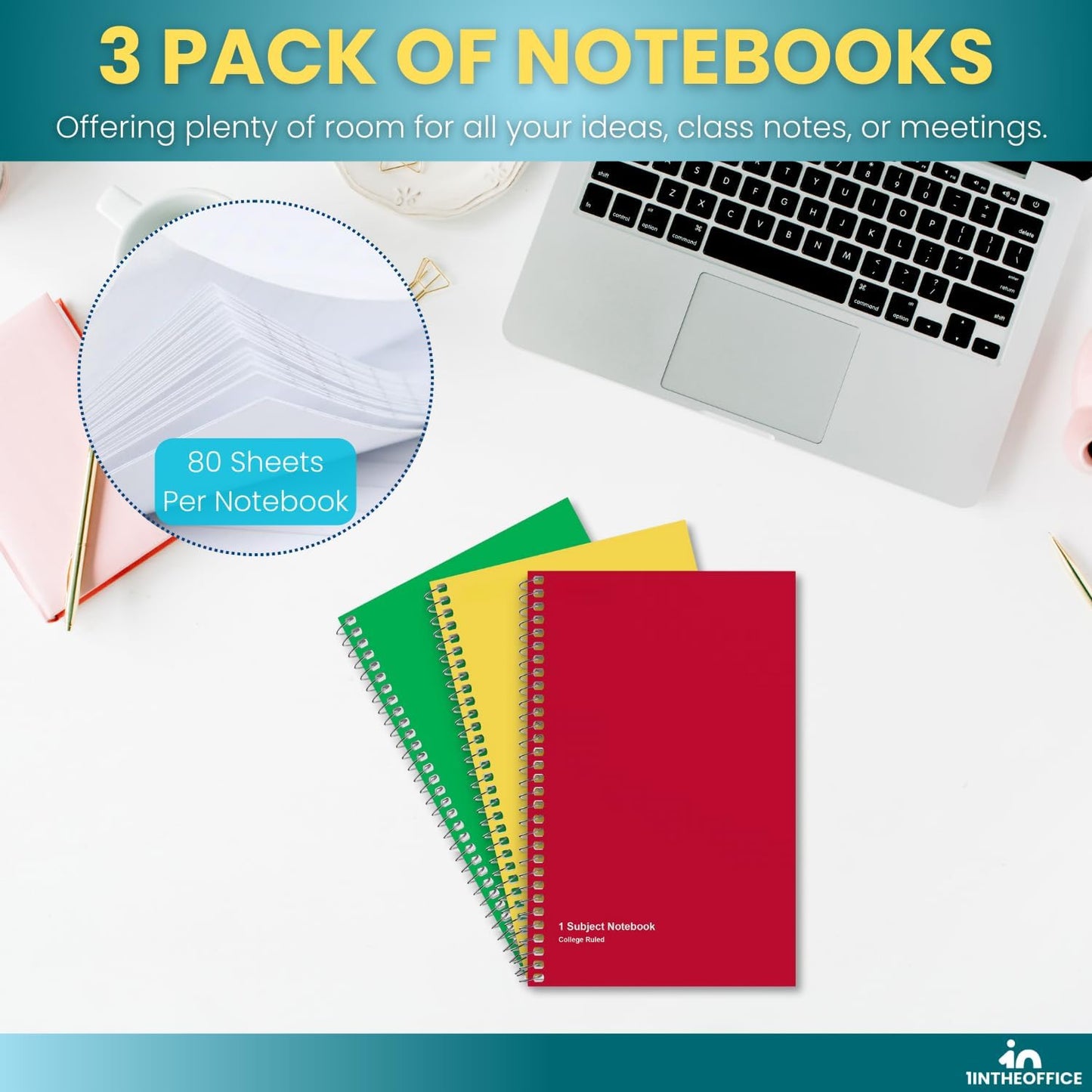 1InTheOffice 1-Subject Wirebound Notebook, College Ruled, 80 Sheets, Spiral Notebook 5x7, 7 3/4" x 5", 3/Pk