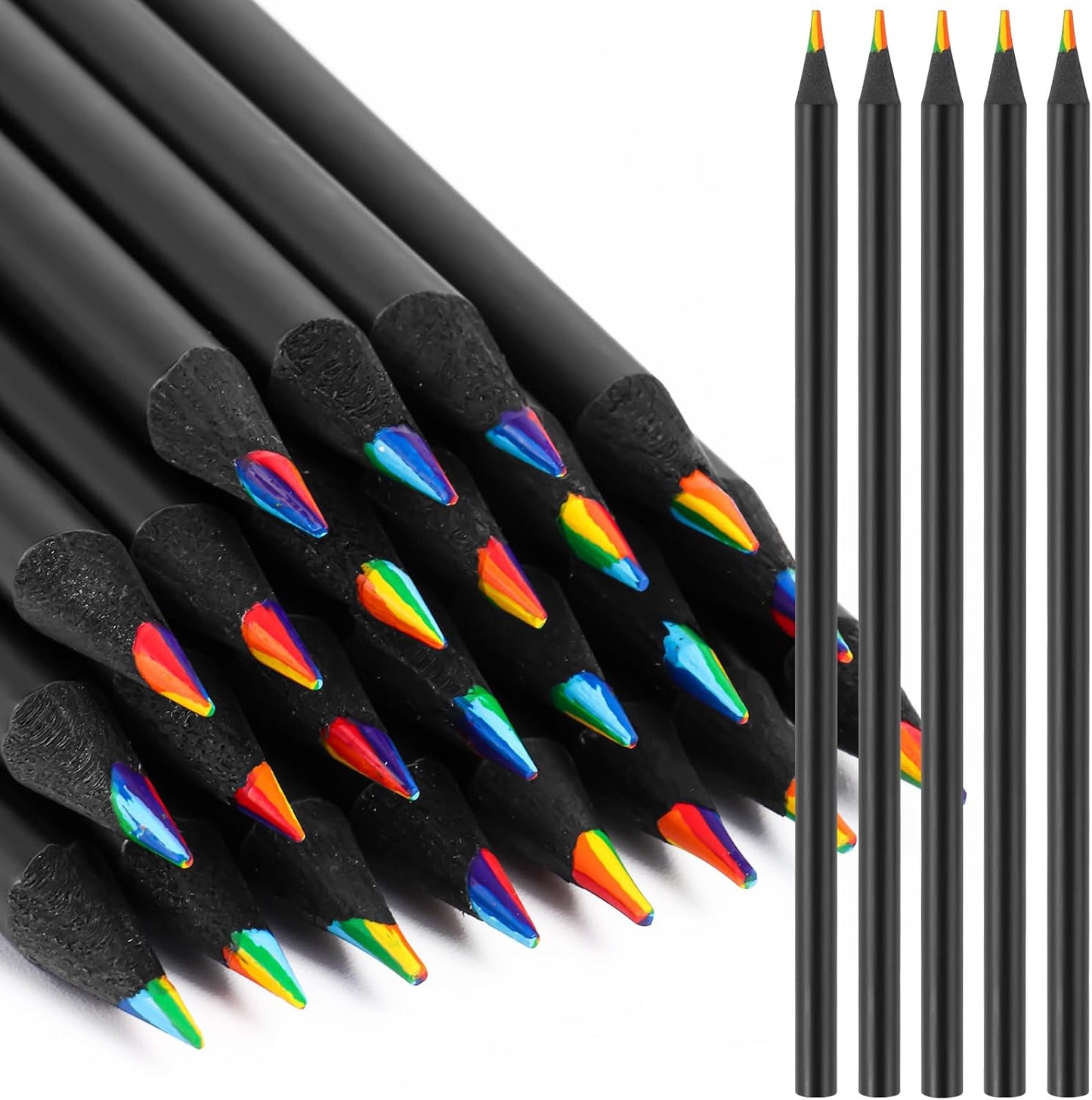 12 Pcs Rainbow Pencils with Sharpener, 7 Color in 1, Black Wooden, Art Supplies for Kids & Adults, Birthday Pencils