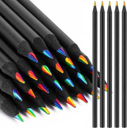 12 Pcs Rainbow Pencils with Sharpener, 7 Color in 1, Black Wooden, Art Supplies for Kids & Adults, Birthday Pencils