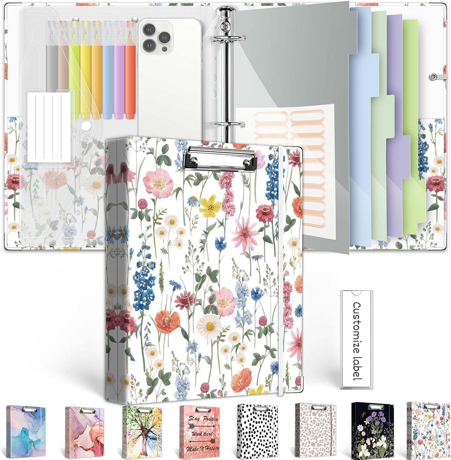 3 Ring Binder 1 Inch, Three Ring Binders Organizer with Clipboard, 5-Tabs Pockets Dividers, Plastic Folder, 18 Divider Stikers, BVSSX Pretty Binder with Pen Loop (Black Weeds, Letter Size)