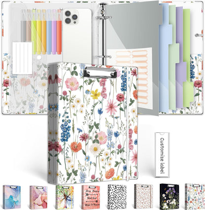 3 Ring Binder 1 Inch, Three Ring Binders Organizer with Clipboard, 5-Tabs Pockets Dividers, Plastic Folder, 18 Divider Stikers, BVSSX Pretty Binder with Pen Loop (Black Weeds, Letter Size)