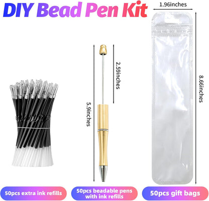 150 Pieces DIY Beadable Pen Kit – 50 Plastic Ballpoint Pens with Refills & Bags, Beads Not Included – School Supplies, Office Accessories & Craft Gifts for Students & Teachers (Multicolor)