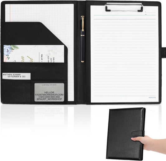 Professional Padfolio with Clipboard, Faux Leather Portfolio Folder Binder, Legal Pad Holder for A4 Letter Size Notepad, Resume, Writing Pad, Ideal Organizer for Business Office Conference, Black,