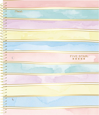 Five Star Spiral Notebook + Study App, 2 Pack, 1 Subject, Wide Ruled, 8" x 10-1/2", 80 Sheets, Fights Ink Bleed, Water Resistant Cover, Pastel Waves and Brush Strokes (930210F-ECM)