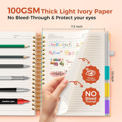 Line Hardcover Spiral Notebook with Removable Dividers Tabs & Ruler, 5 Subject Notebook College Ruled, 300 Page, Large 8"x10" B5 Notebooks for Work School, Lined Journal for Women & Men, Purple