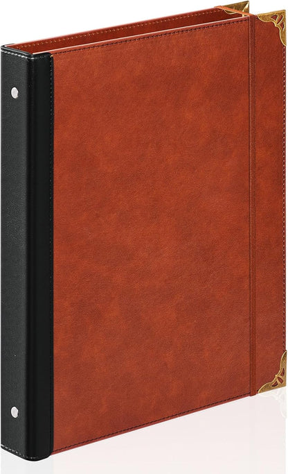 Ovesmusl Leather 3 Ring Binder 1 Inch Round Ring Binder Fits 200 Sheets 8.5"x11" Letter Size Paper, Wedding Family History Notebook Cover Loose Leaf Organizer, Brown