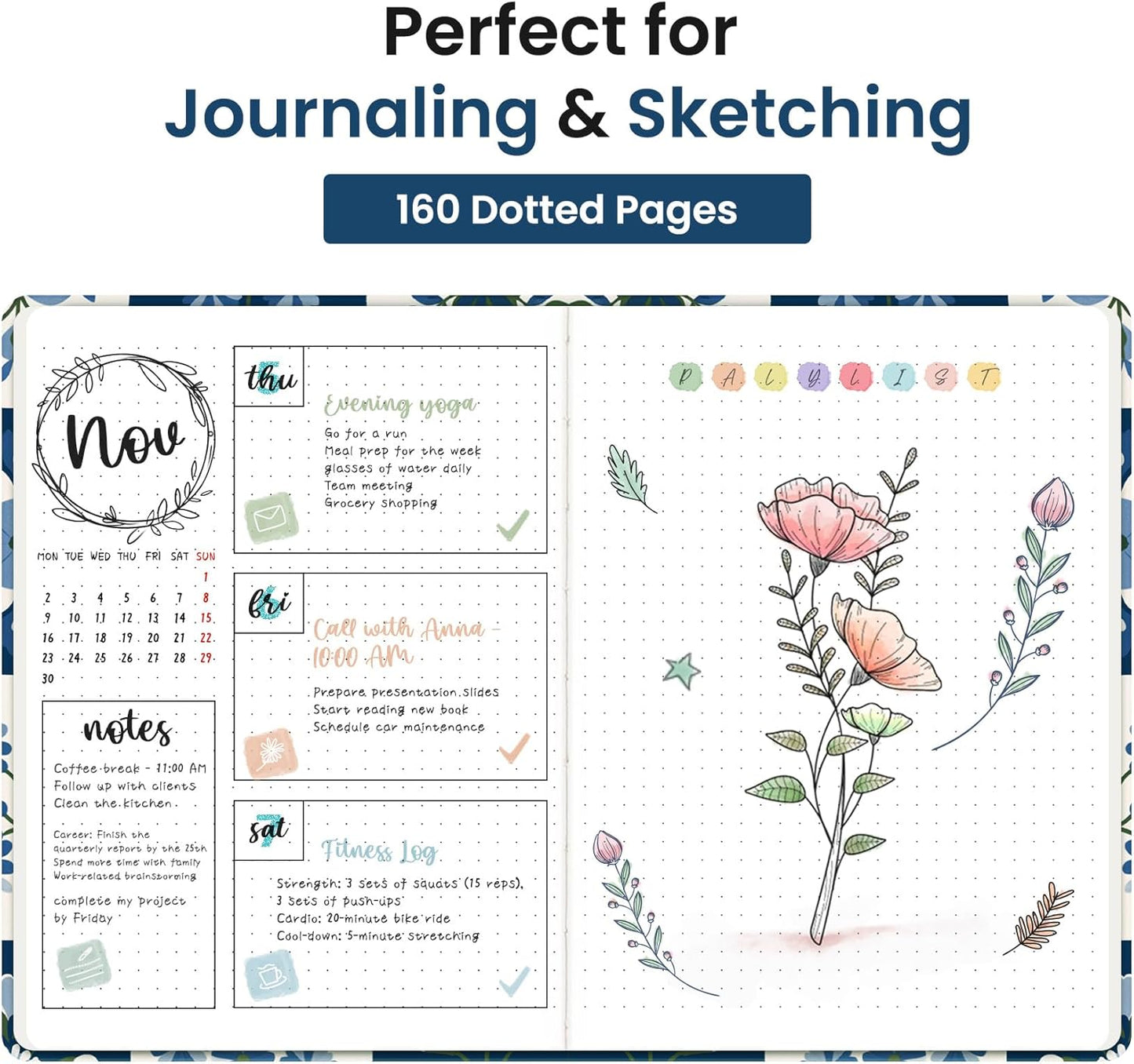 Taja Pretty Lined Journal for Women, Aesthetic Cute Hardcover Leather Journal for Writing, A5 College Ruled Notebook for Work & Note Taking, Perfect for Office School Home, 160 Pages, Meadow Flowers