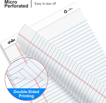 ViVin Legal Pads 8.5 x 11 Inch, Wide Ruled Note Pads, 12 Pack, 50 Sheet/Pad, Perforated Writing Pads, Notepads for Office Home School, 600 Sheets, White Paper