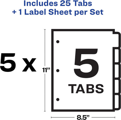 Avery 5 Tab Dividers for 3 Ring Binder, Easy Print & Apply Clear Label Strip, Index Maker Customizable White Tabs, 25 Sets (11446)