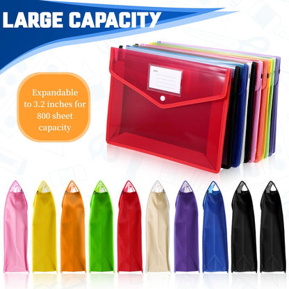 10 Pcs Clear Expanding File Folder, 13" x 10" Letter Size Waterproof Plastic Expanding Document Folders Transparent Document Holder Box Receipt Filing Organizer - 9 Colors