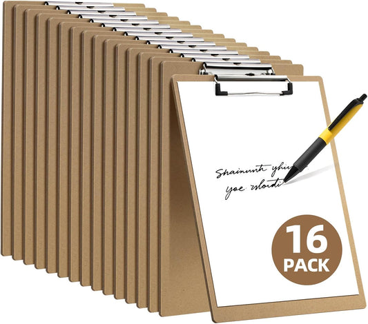 HappyHapi 16 Pack Clipboard 8.5 x 11 Letter Size Clip Boards Bulk, A4 Wooden Hardboard Office Clipboards Pack for Classroom, Work-Meetings, Brown