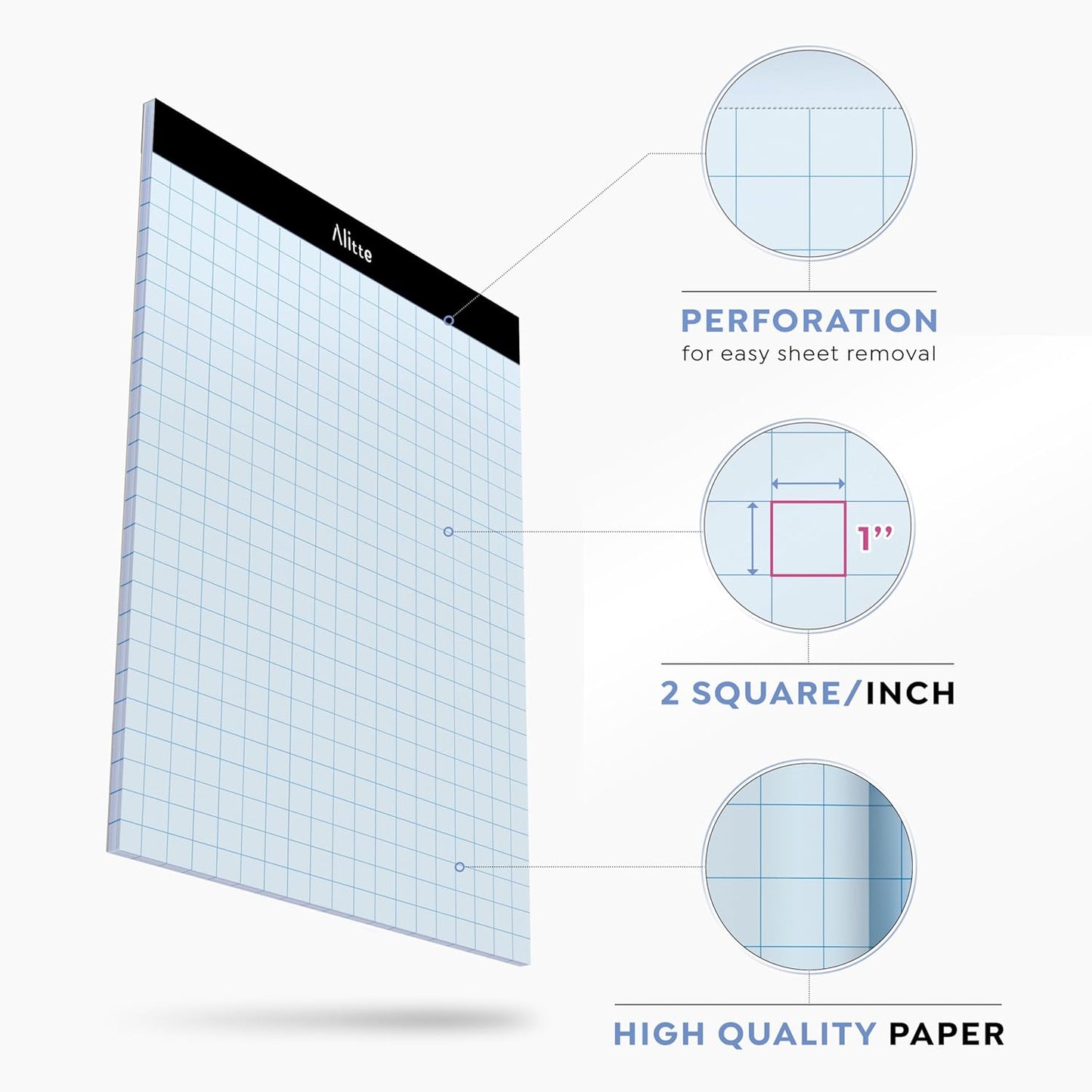 Alitte Graph Paper Pad, Pack of 12, White Letter Size - 4x4 Quad Grid Paper, Easy-Tear Perforations, 8.5 x 11 Cardboard Backing - Graph Notepads for School, Office -50 Sheets per Pad