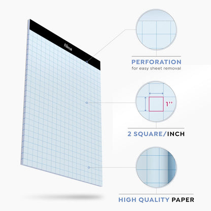 Alitte Graph Paper Pad, Pack of 12, White Letter Size - 4x4 Quad Grid Paper, Easy-Tear Perforations, 8.5 x 11 Cardboard Backing - Graph Notepads for School, Office -50 Sheets per Pad