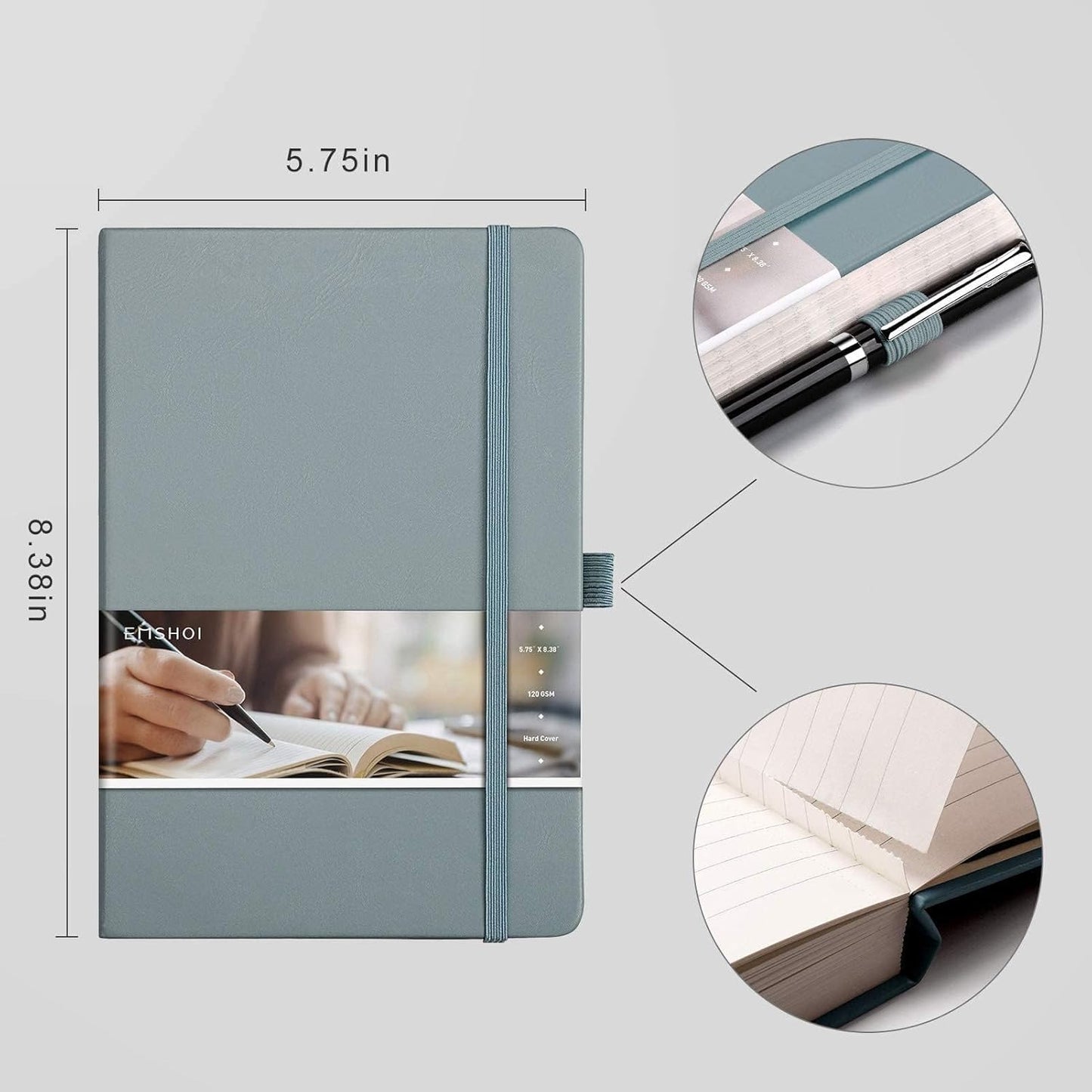 EMSHOI Graph Paper Notebook - 256 Pages A5 Graph Notebook/Journal, Hard Cover, 120gsm Thick Paper, Smooth PU Leather, Inner Pocket, 5.75'' × 8.38''-Black