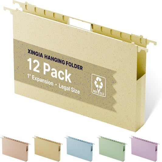 XINGIA Legal Size Hanging File Folders Extra Capacity,1'' Expansion Hanging Folders for Filing Cabinet,12 Pack Wheat Straw File Folders Hanging with Tabs,Pastel Hanging File Organizer for Office