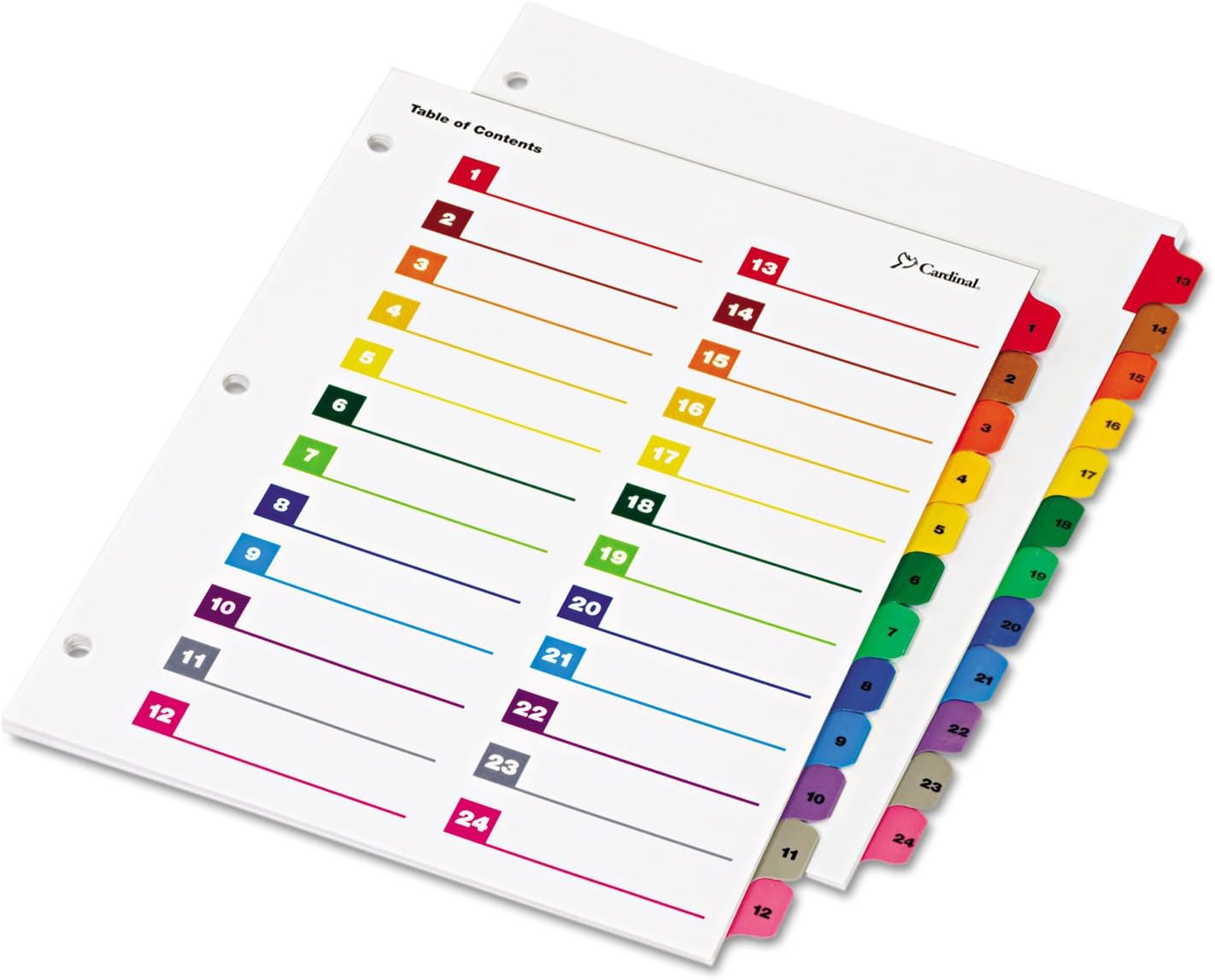 Cardinal Binder Dividers, 24 Tabs, Numbered 1–24, Customizable Table of Contents Page, Reversible Multicolor Tabs, 3-Hole Punched for Binders