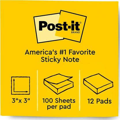Post-it Notes 3x3 in, 12 Pads, America's #1 Favorite Sticky Notes, Canary Yellow, Clean Removal, Recyclable (654)