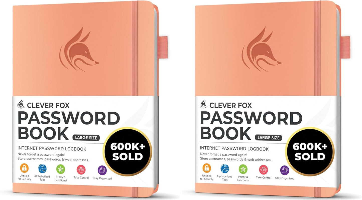 Clever Fox Password Book with alphabetical tabs. Internet Address Organizer Logbook. Small Pocket Password Keeper for Website Logins (Orange)