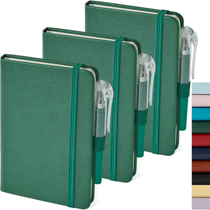 NIRMIRO Small Notebook Journals, 3 Pack Mini Pocket Note pads for Men & Women Writing, A6 Small Leather Notepad 3.7" x 5.7" with Pen, Black, Red, Green