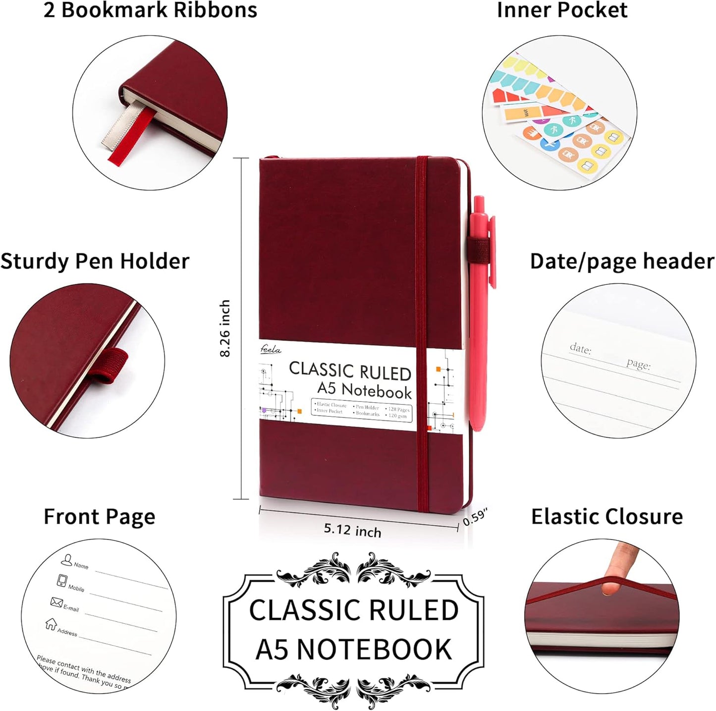 feela College Ruled Notebooks, 24 Pack Business Notebook Hardcover Lined Writing Journal with Pen Holder for Men Women Note Taking, with 24 Black Pens, 120 GSM, 5.1”x8.3”, A5, White