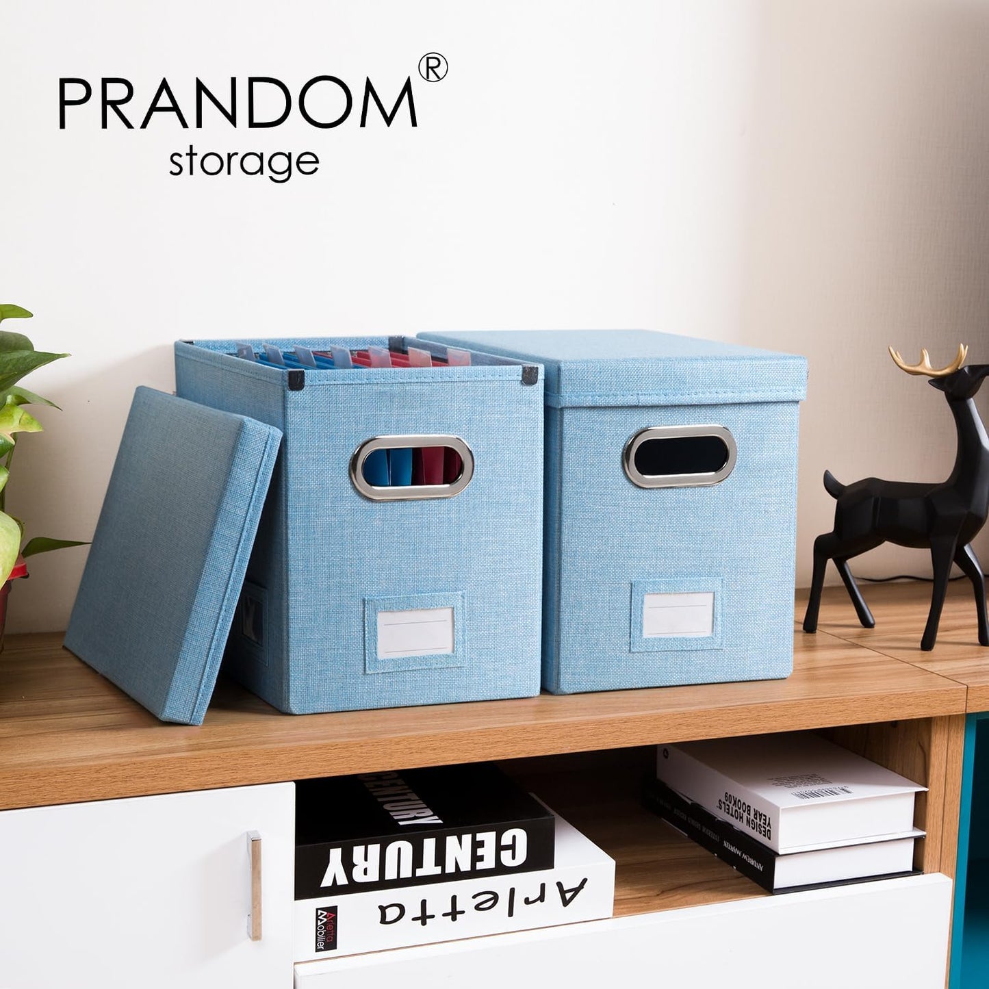 PRANDOM File Organizer Box - Collapsible Decorative Linen Filing Storage with Lids for Letter Size - Grey (14x9.3x10.8 inch)