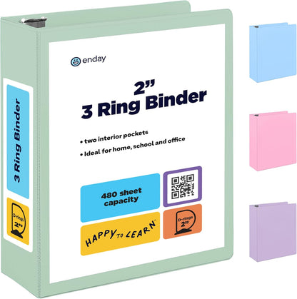 Enday 1.5 Inch Binder, Green - 1.5 Inch 3 Ring Binder, Round Ring Pastel with Clear View Cover for Letter Size 8.5 x 11'' Paper & 2 Inside Pockets, Ideal for School Supplies, Office, and Home