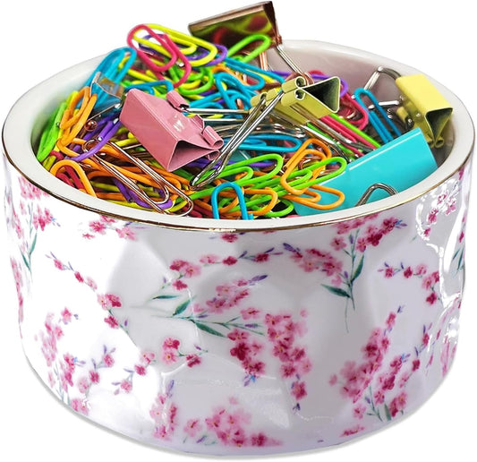 Paper Clip Holder Ceramic Paper Clip Holders Garden Floral Paperclips Holder Dispenser Cute Gold Line Paper Clip Organizer for Desk Binder Clip Holder Bobby Pin Hair Gift for Office Mint Flowers