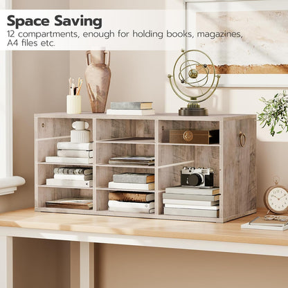 HOOBRO Countertop Mail Sorter Organizer, Wooden Literature Organizer, Student Mailbox for Classroom, Desktop Bill Organizer for Office Home School, 12 Compartments Rustic Brown FG43WF01