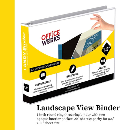 8.5" X 11" Landscape View Binder, 3-Ring 1.5 Inch Capacity Round Ring, White Horizontal Formatted with Clear Cover Pockets for Documents, Spreadsheets, Projects and More