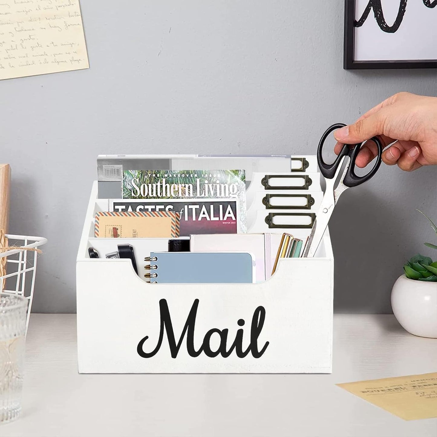 Rustic Wood Mail Organizer Countertop with 4 Slots, Black Mail Holder for Desk, Removable Dividers Mail Sorter, Letter Bill File Organizer for Home Office Classroom, Desktop Organizer with Free Labels