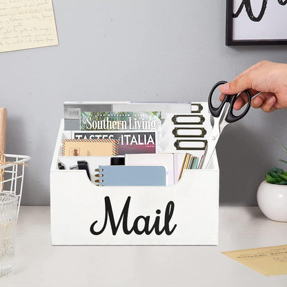 Rustic Wood Mail Organizer Countertop with 4 Slots, Black Mail Holder for Desk, Removable Dividers Mail Sorter, Letter Bill File Organizer for Home Office Classroom, Desktop Organizer with Free Labels